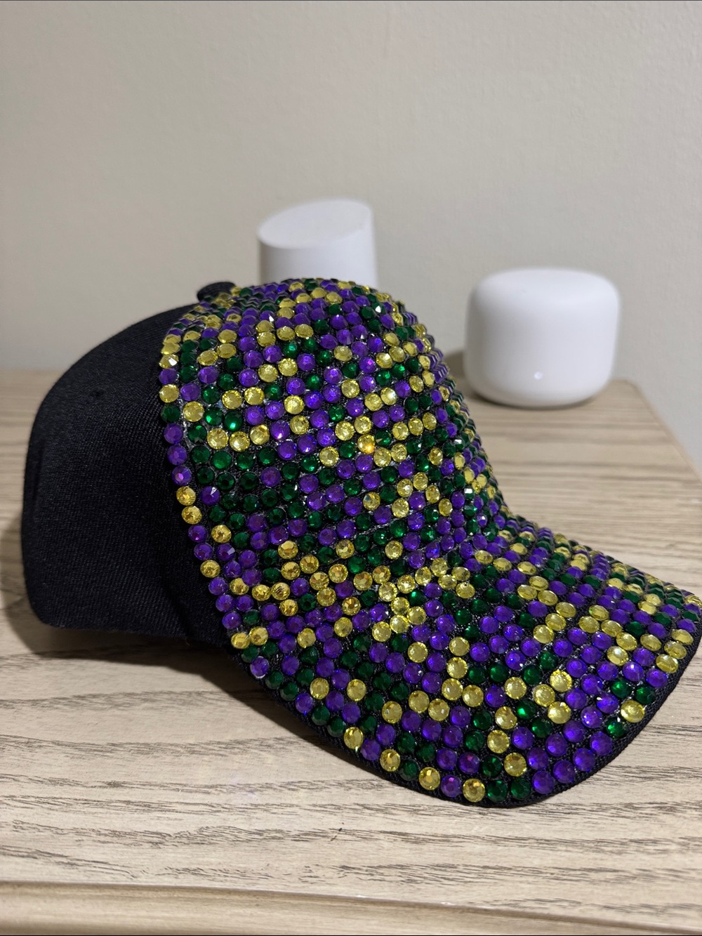 Embellished Black Cap with Purple, Green & Gold Rhinestones